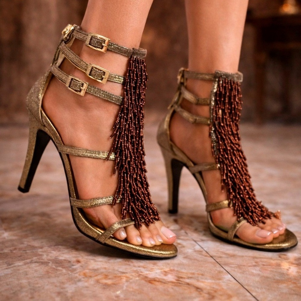 Nine West Gold Strappy Brown Bead Tassel 4" Heels Ankle Strap Womens Size 7M